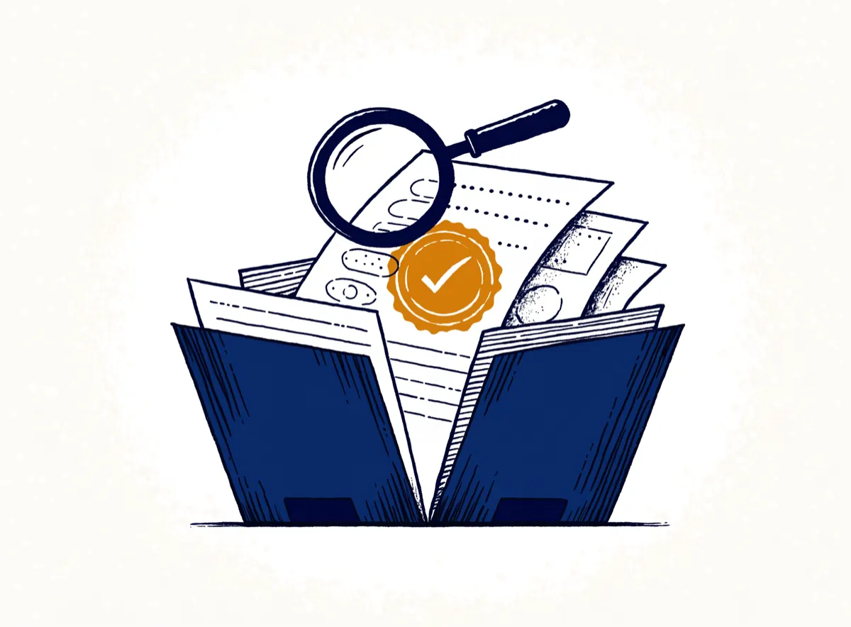 Ilustración: expediente abierto con documentos, lupa y sello ámbar de verificación