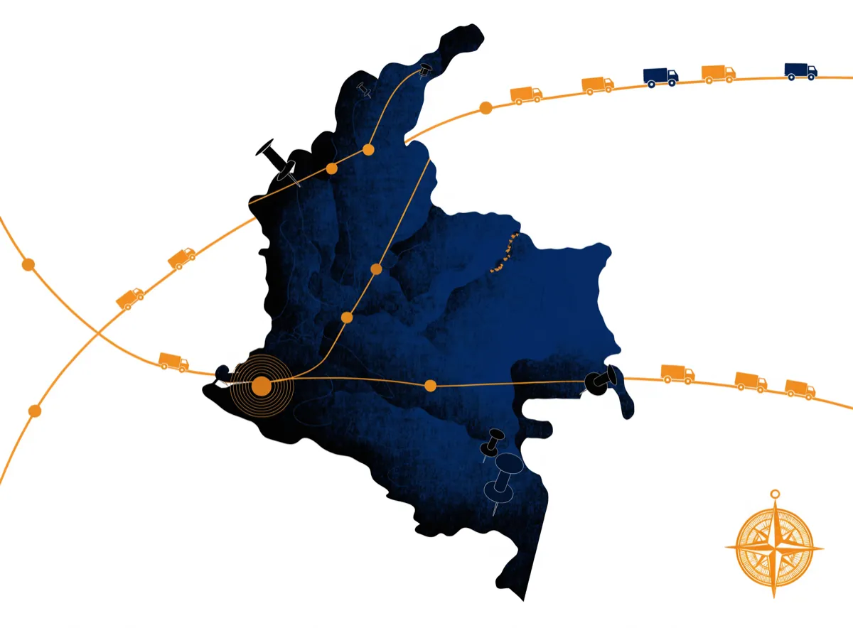 Ilustración: mapa estilizado de Colombia con rutas de carga y un pulso de radar sobre un punto del territorio