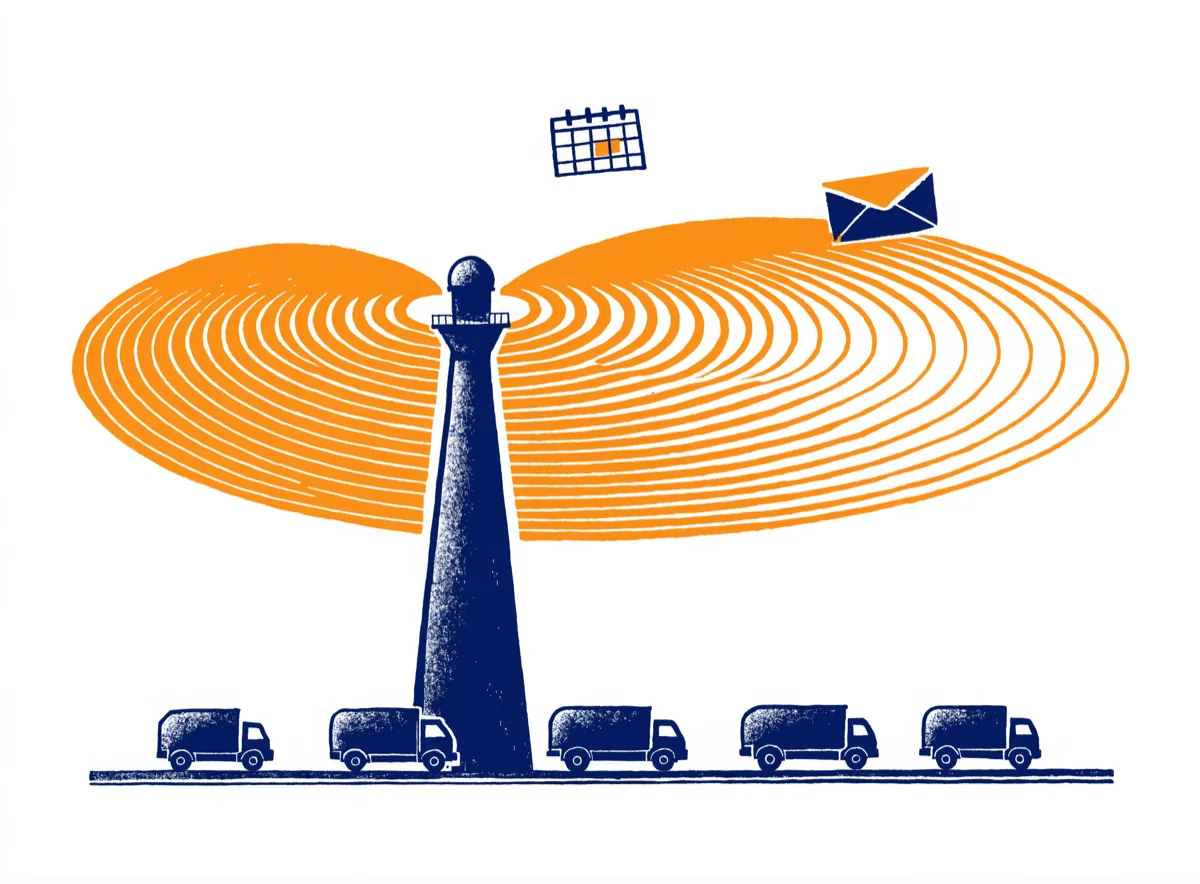 Ilustración: torre de radar emitiendo pulsos ámbar sobre una fila de camiones, con un calendario y un sobre de alerta